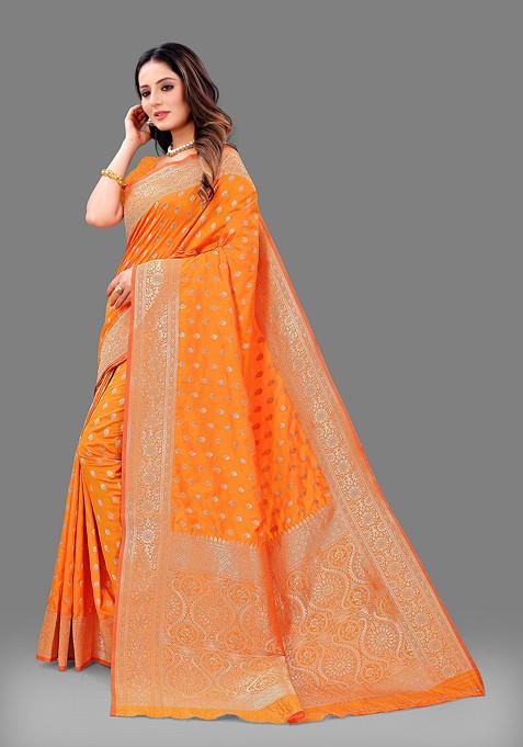 Orange Zari Woven Work Banarasi Lichi Silk Saree Set