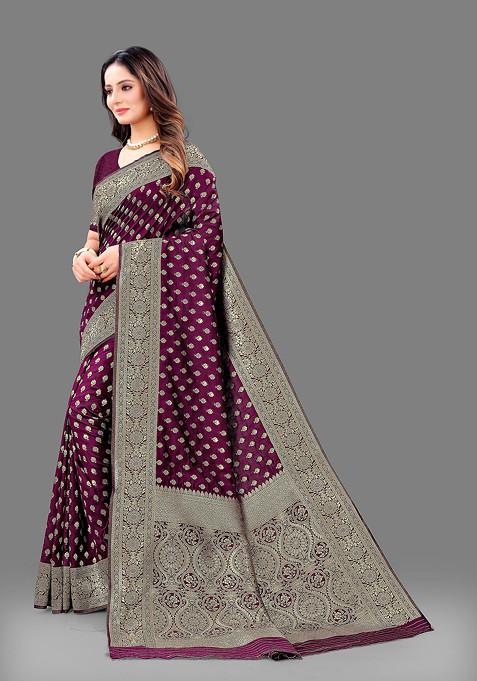 Wine Zari Woven Banarasi Lichi Silk Saree Set