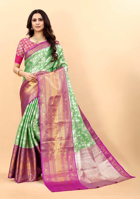 Parrot Green Zari Woven Banarasi Kanjivaram Silk Saree Set