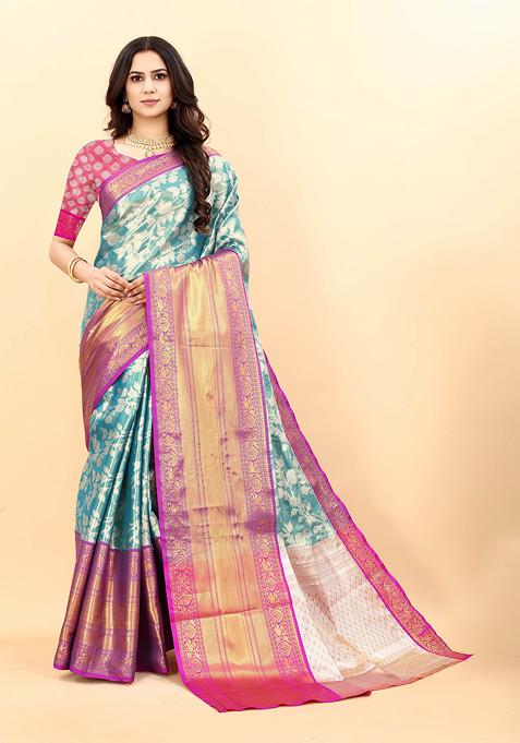 Sky Blue Zari Woven Banarasi Kanjivaram Silk Blend Saree Set