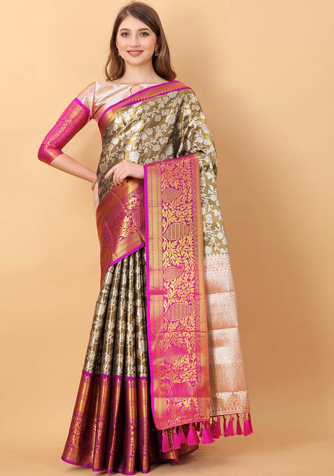 Cream Zari Woven Banarasi Kanjivaram Silk Saree Set