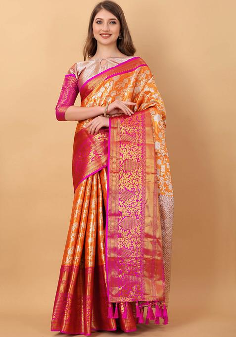 Orange Zari Woven Banarasi Kanjivaram Silk Blend Saree Set