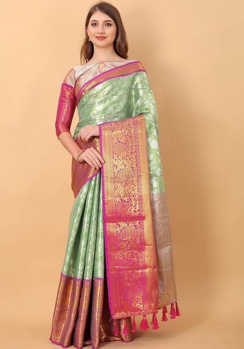 Pista Green Zari Woven Banarasi Kanjivaram Silk Saree Set