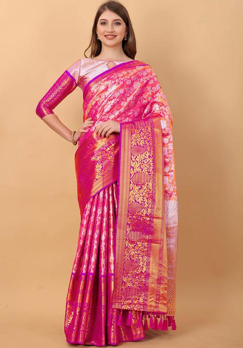 Pink Zari Woven Banarasi Kanjivaram Silk Blend Saree Set