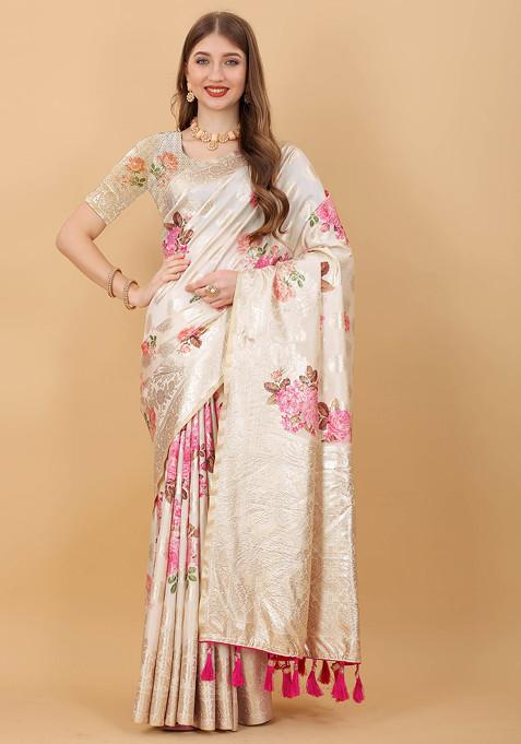 Light Pink Zari Woven Banarasi Nylon Silk Saree Set