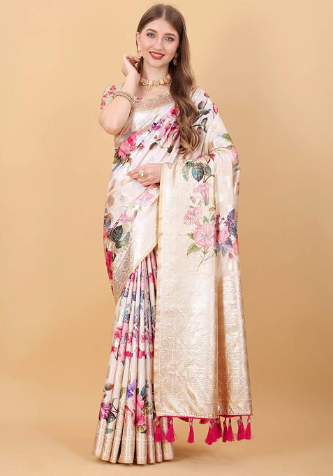 Peach Zari Woven Banarasi Nylon Silk Saree Set