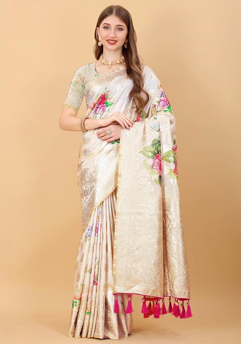 Cream Zari Woven Banarasi Nylon Silk Saree Set