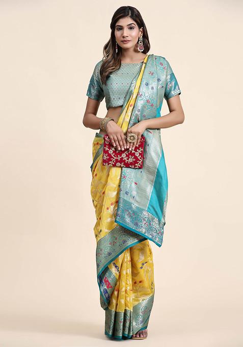 Yellow Zari Woven Banarasi Organza Silk Saree Set