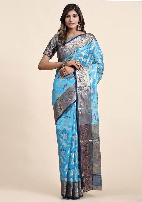 Sky Blue Zari Woven Banarasi Organza Silk Saree Set