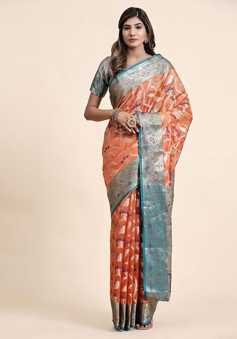 Orange Zari Woven Banarasi Organza Silk Saree Set