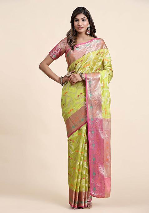 Parrot Green Zari Woven Banarasi Organza Silk Saree Set