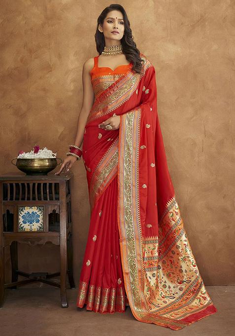 Red Zari Woven Banarasi Paithani Silk Saree Set