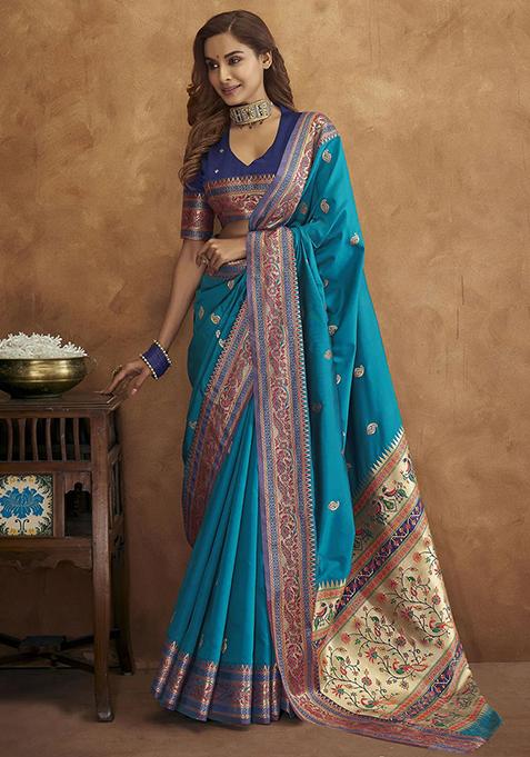 Teal Zari Woven Banarasi Paithani Silk Saree Set