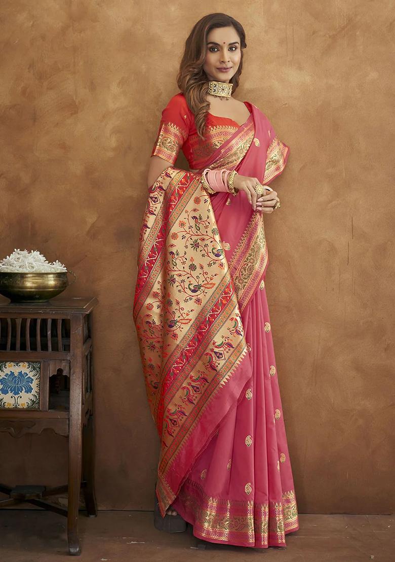 Light Pink Zari Woven Banarasi Paithani Silk Saree Set