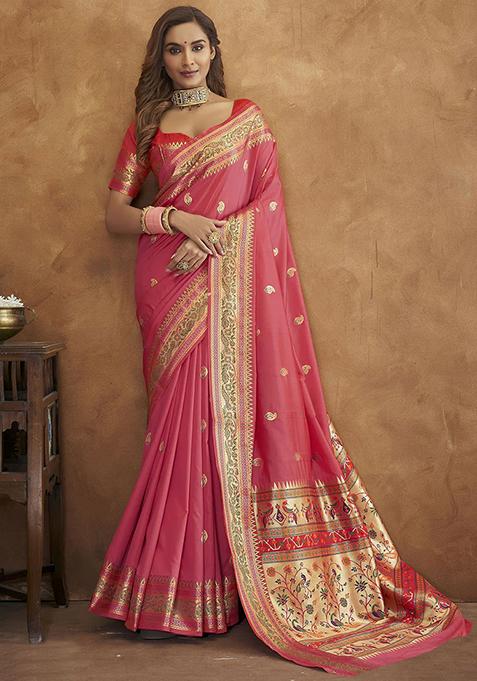 Light Pink Zari Woven Banarasi Paithani Silk Saree Set