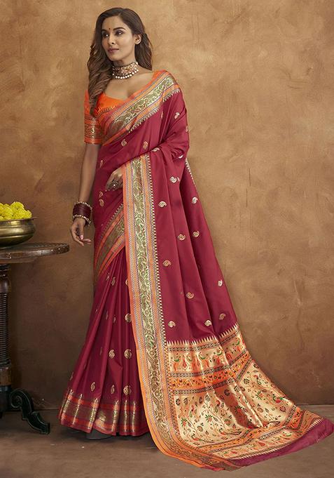 Maroon Zari Woven Banarasi Paithani Silk Saree Set