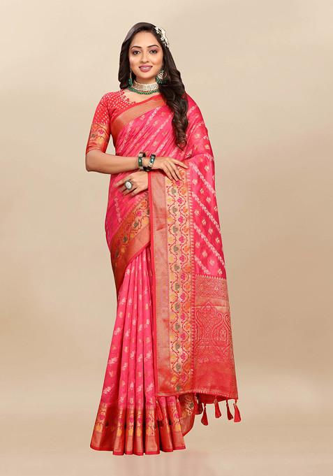 Red Zari Woven Work Banarasi Organza Silk Saree Set