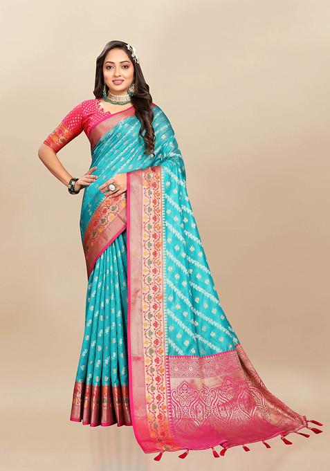 Teal Zari Woven Work Banarasi Organza Silk Saree Set