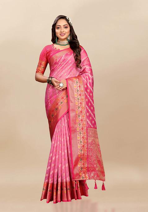 Pink Zari Woven Work Banarasi Organza Silk Saree Set