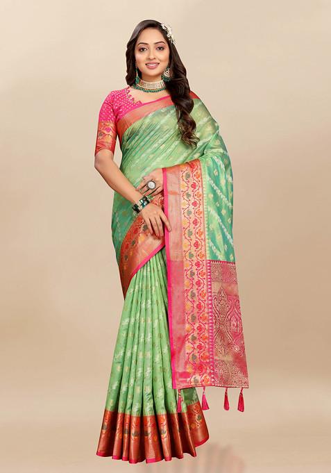 Green Zari Woven Work Banarasi Organza Silk Saree Set