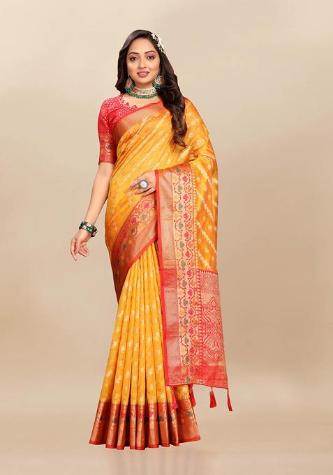 Yellow Zari Woven Work Banarasi Organza Silk Saree Set