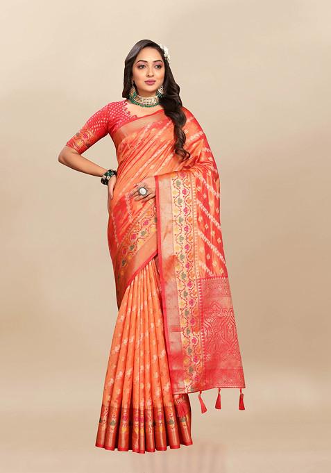 Orange Zari Woven Banarasi Organza Silk Saree Set