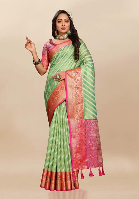 Green Zari Woven Banarasi Organza Silk Saree Set