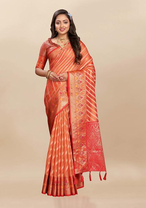 Orange Zari Woven Banarasi Organza Silk Saree Set