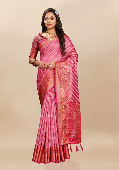 Rani Pink Blue Zari Woven Banarasi Organza Silk Saree Set