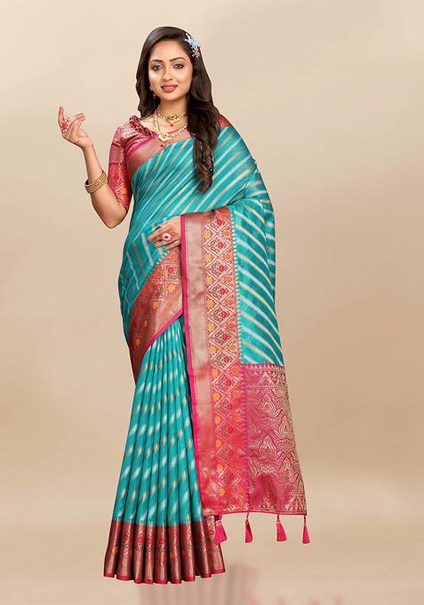 Teal Zari Woven Banarasi Organza Silk Saree Set