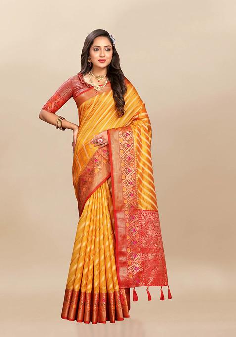 Yellow Zari Woven Work Banarasi Organza Silk Saree Set