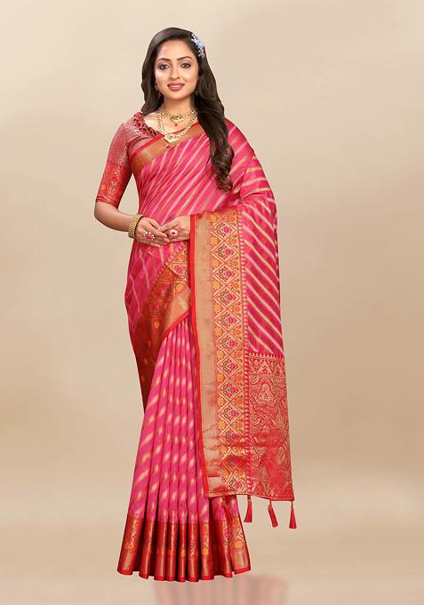 Pink Woven Work Banarasi Organza Silk Saree Set