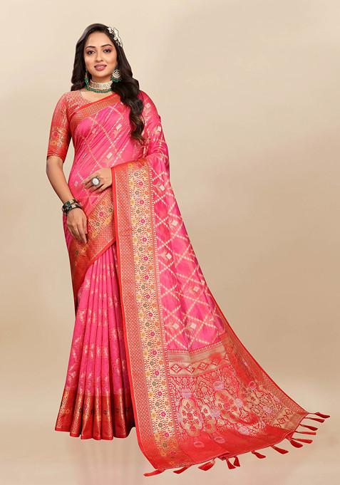 Pink Zari Woven Banarasi Kanjivaram Silk Saree Set