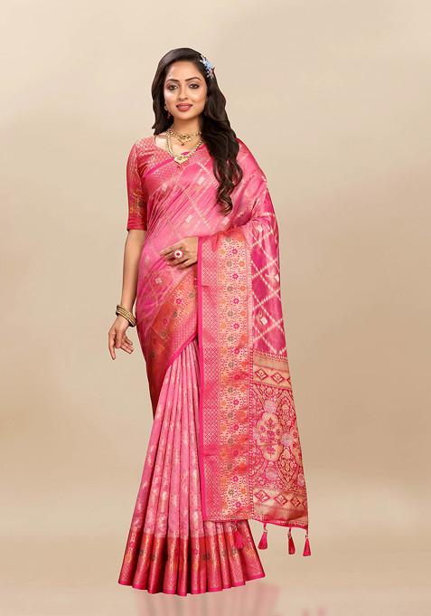 Peach Zari Woven Banarasi Kanjivaram Silk Blend Saree Set