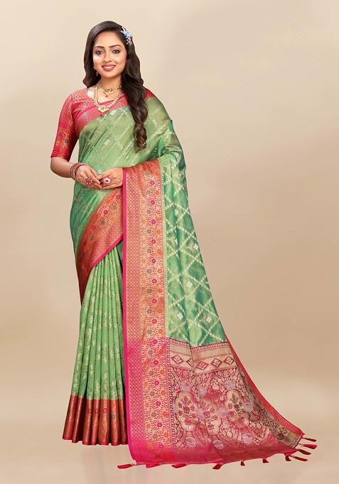 Green Woven Work Banarasi Kanjivaram Silk Blend Saree Set