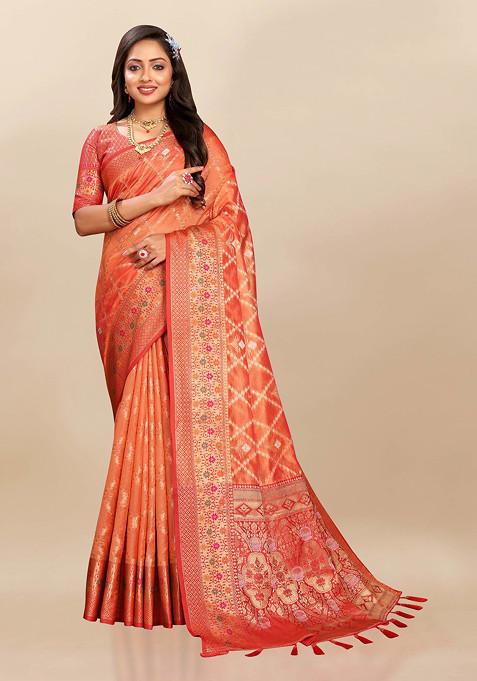 Orange Zari Woven Work Banarasi Kanjivaram Silk Saree Set