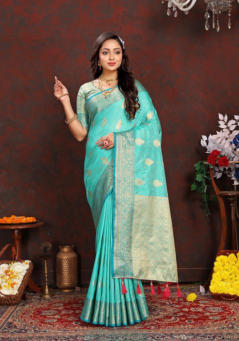 Teal Zari Woven Banarasi Silk Blend Saree Set