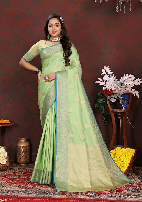 Green Zari Woven Banarasi Silk Blend Saree Set