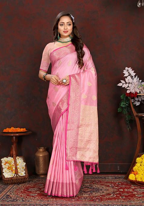 Pink Zari Woven Work Banarasi Silk Blend Saree Set