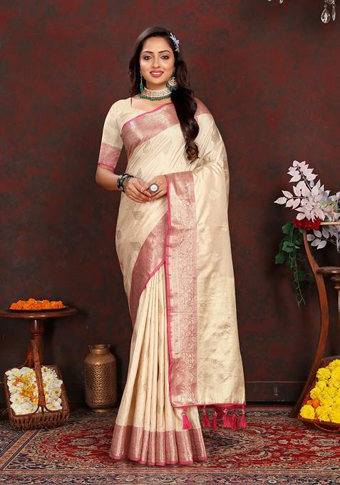 Cream Zari Woven Banarasi Silk Blend Saree Set