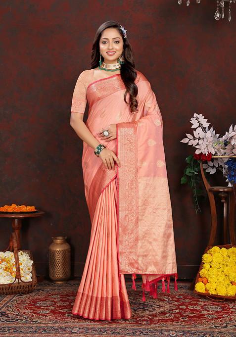 Peach Zari Woven Banarasi Silk Blend Saree Set