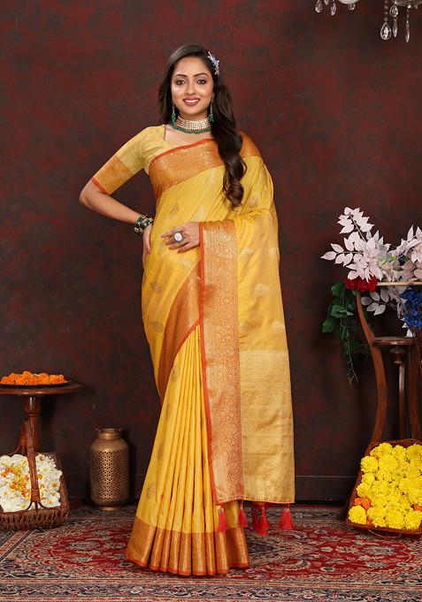 Yellow Zari Woven Work Banarasi Silk Saree Set