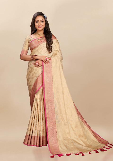 Cream Zari Woven Banarasi Silk Blend Saree Set