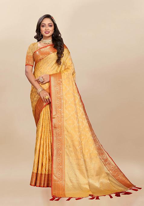 Yellow Zari Woven Banarasi Silk Blend Saree Set