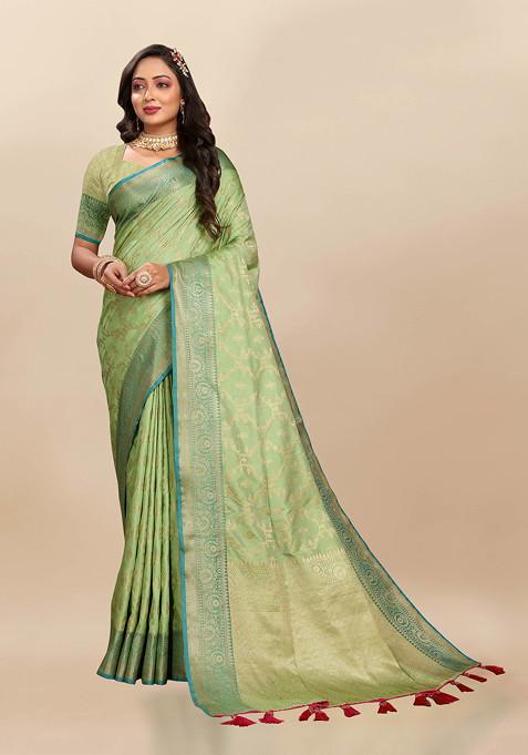 Green Zari Woven Banarasi Silk Blend Saree Set