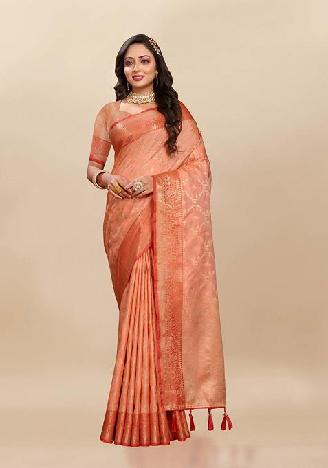 Orange Zari Woven Banarasi Silk Blend Saree Set