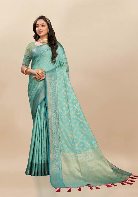 Teal Zari Woven Banarasi Silk Blend Saree Set