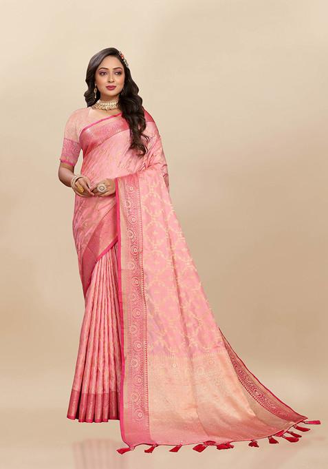 Pink Zari Woven Work Banarasi Silk Blend Saree Set