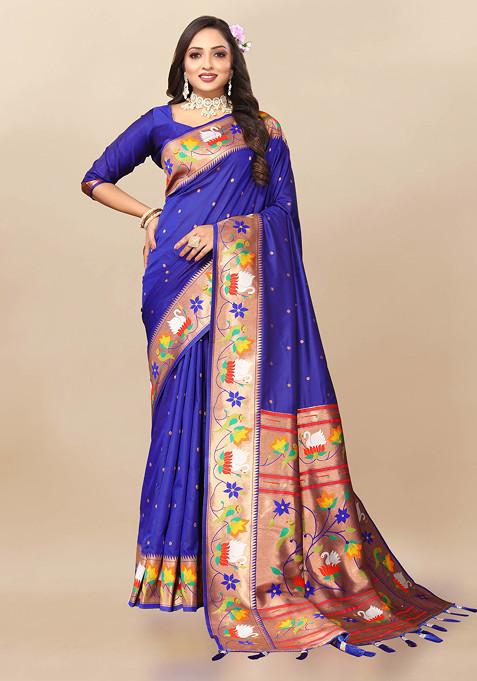 Blue Zari Woven Banarasi Paithani Silk Saree Set