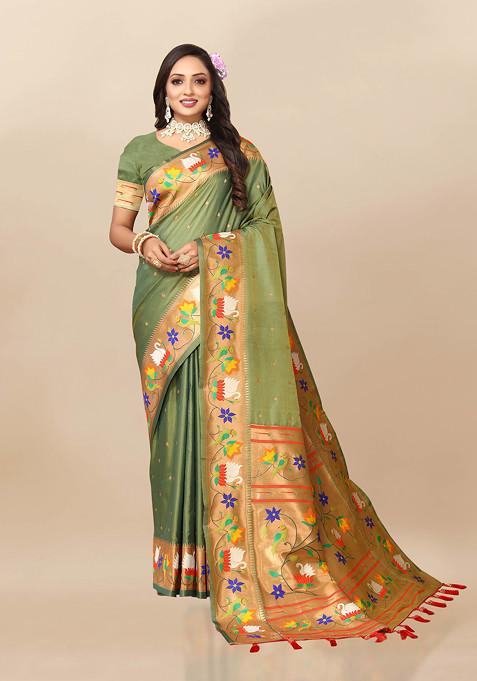 Mehendi Zari Woven Banarasi Paithani Silk Saree Set